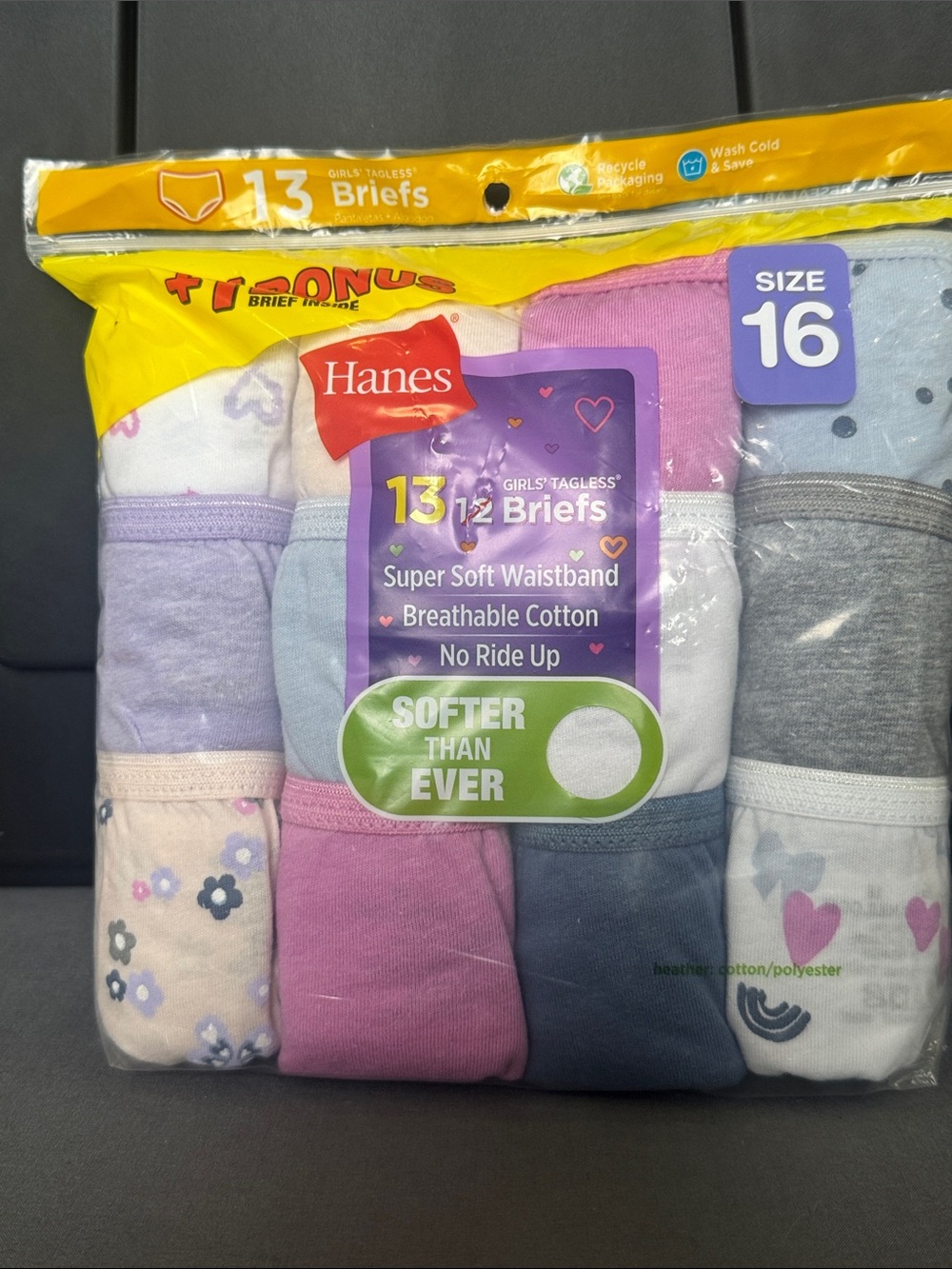 Hanes Girls Tagless Briefs Pack - Purple, Pink, Gray, White, Blue
